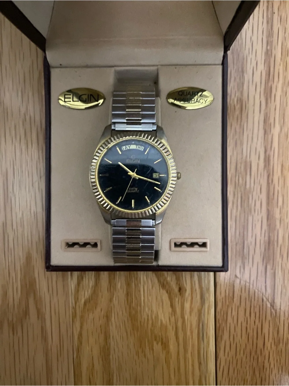 Elgin Men's Two-Tone Black Dial Watch With Box Untested